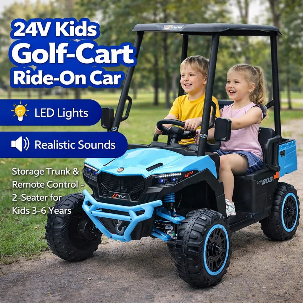 Auto Elettrica per Bambini 24V con Parasole, Vano Portaoggetti e Telecomando, Luci LED, Suoni Realistici, 2 Posti per Bambini 3-6 Anni