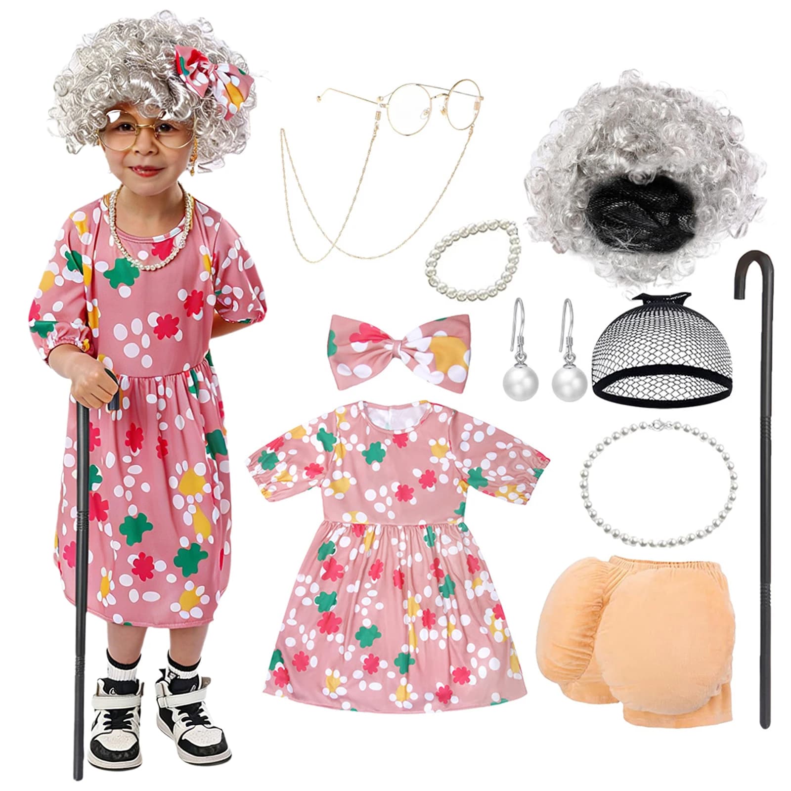 Grandma's Dress for Girls, Cosplay Dress for Girl, Granny Dress with Faux Wig, Necklace, Glasses, Outfit for Halloween and School Shows