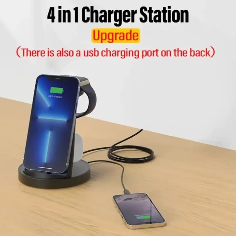 Portable Wireless Charger For iPhone Apple Watch AirPods 4 In 1 Stand Fast Station Dock USB Safe Black White Case