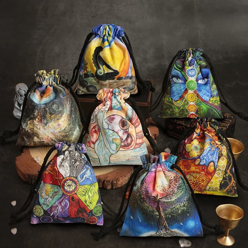 1pc Psychedelic Tarot Bag Velvet Drawstring Pouch with Mystical Art Print Oracle Card Holder Spiritual Gifts for Tarot Readers