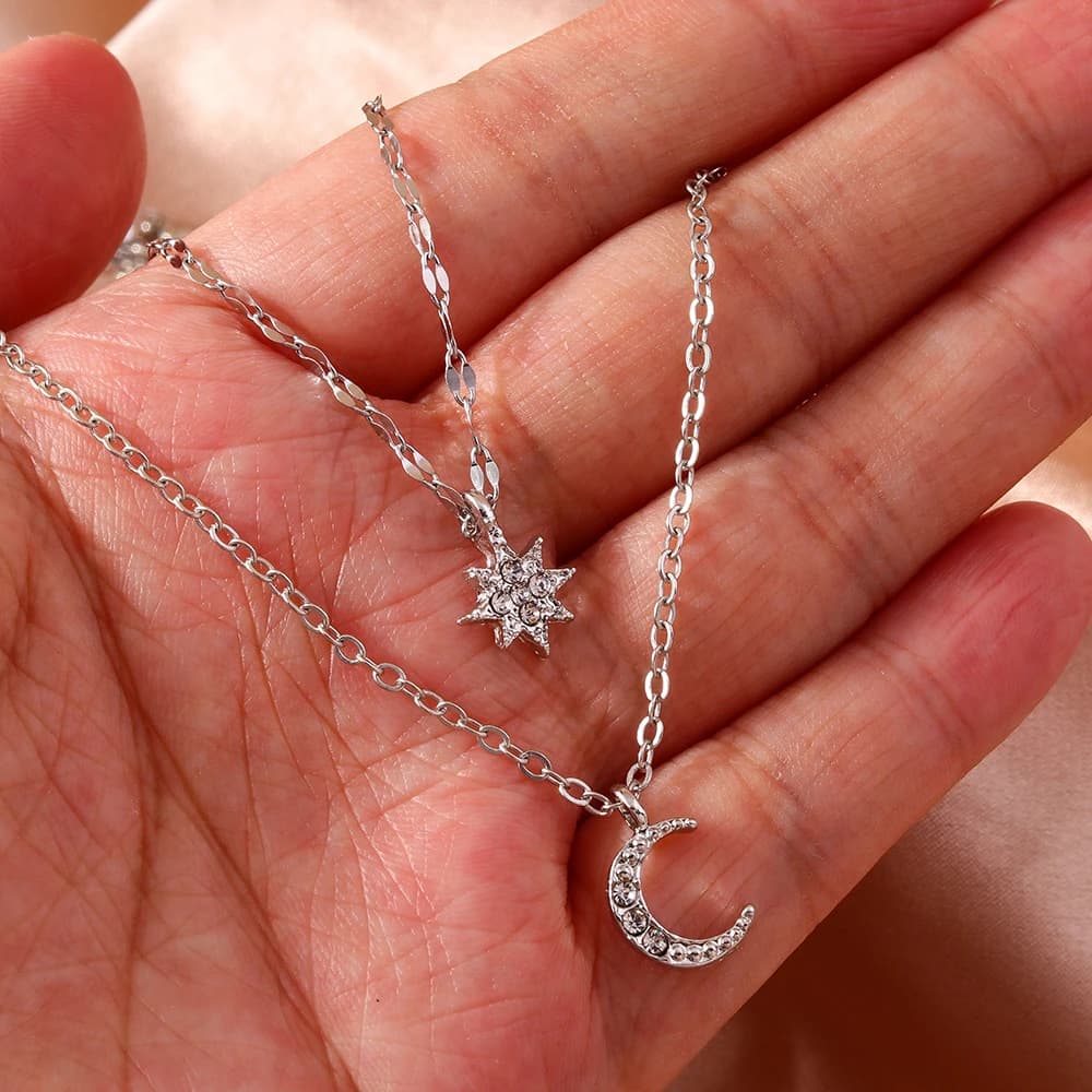 Aihua Simple Double Layer Crystal Star Moon Charm Necklace Delicate Clavicle Chain Necklace For Women Fashion Jewelry