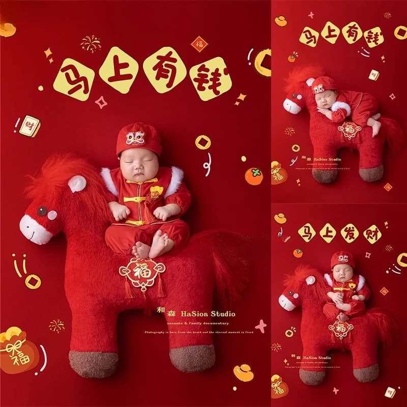 Puntelli per fotografia neonato Set a tema Capodanno cinese Cavallo in posa Abito per bambola Sfondo per servizio fotografico in studio di festival di primavera