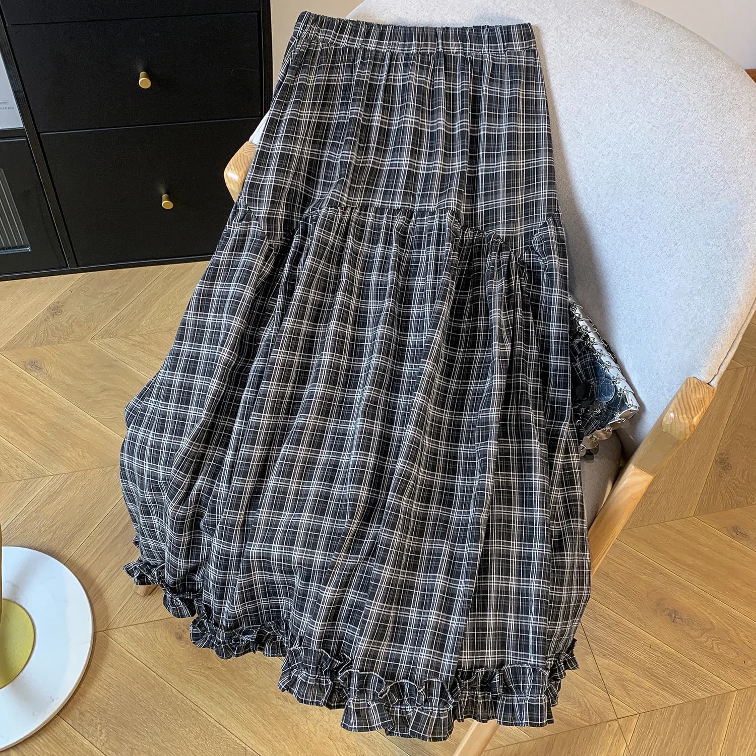 High Waist A-Line Skirt Floral Lace Trimed Plaid Versatile Retro Style Women's plus Size Spring Summer Autumn Skirt