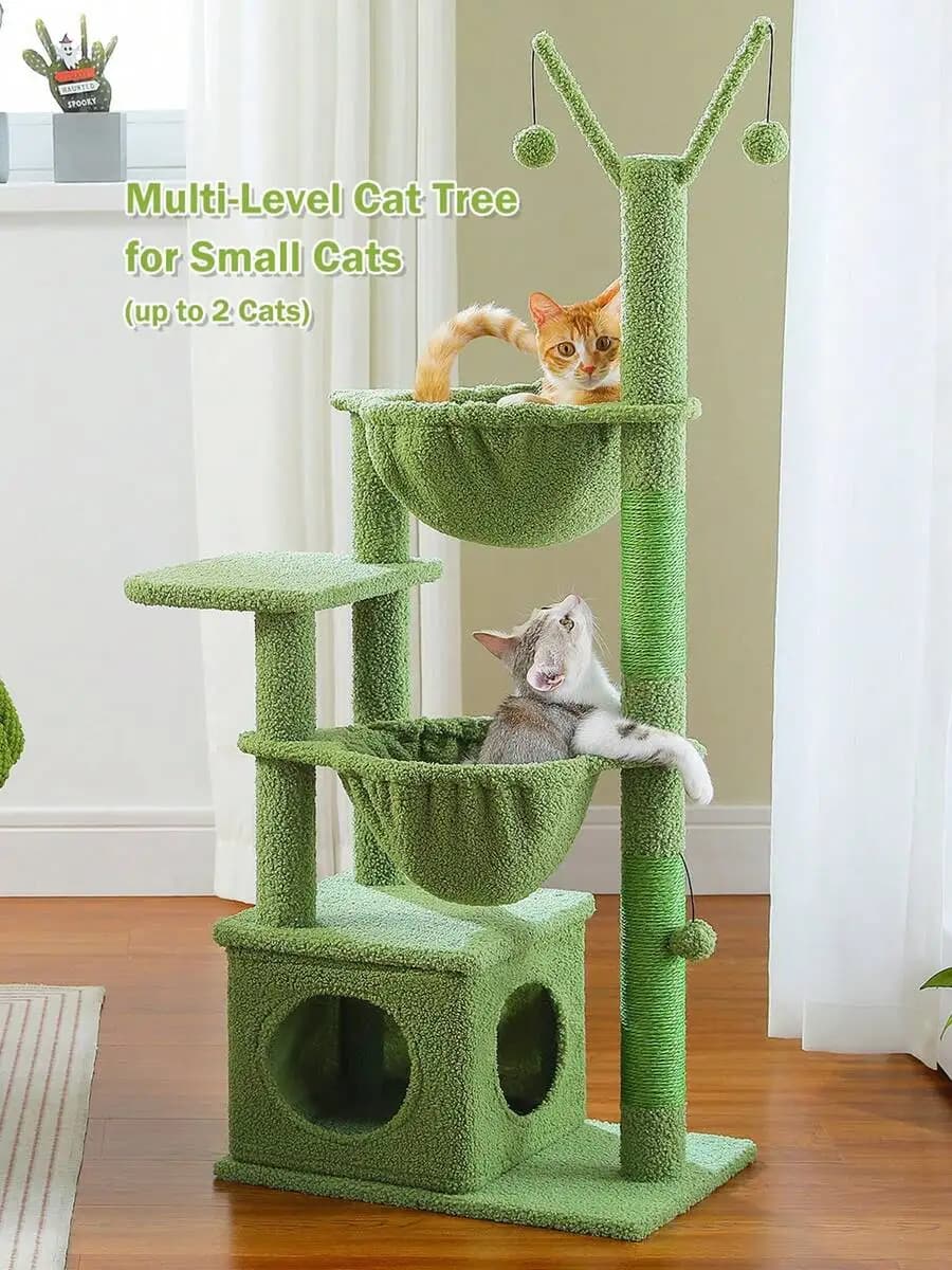 Road 47.6" Cactus Cat Tree, Cat Tower With 2 Metal Frame Hammock, Cat Scratching Post For Indoor Cats With 2 Removable Pompom Sticks For Kittens, Green