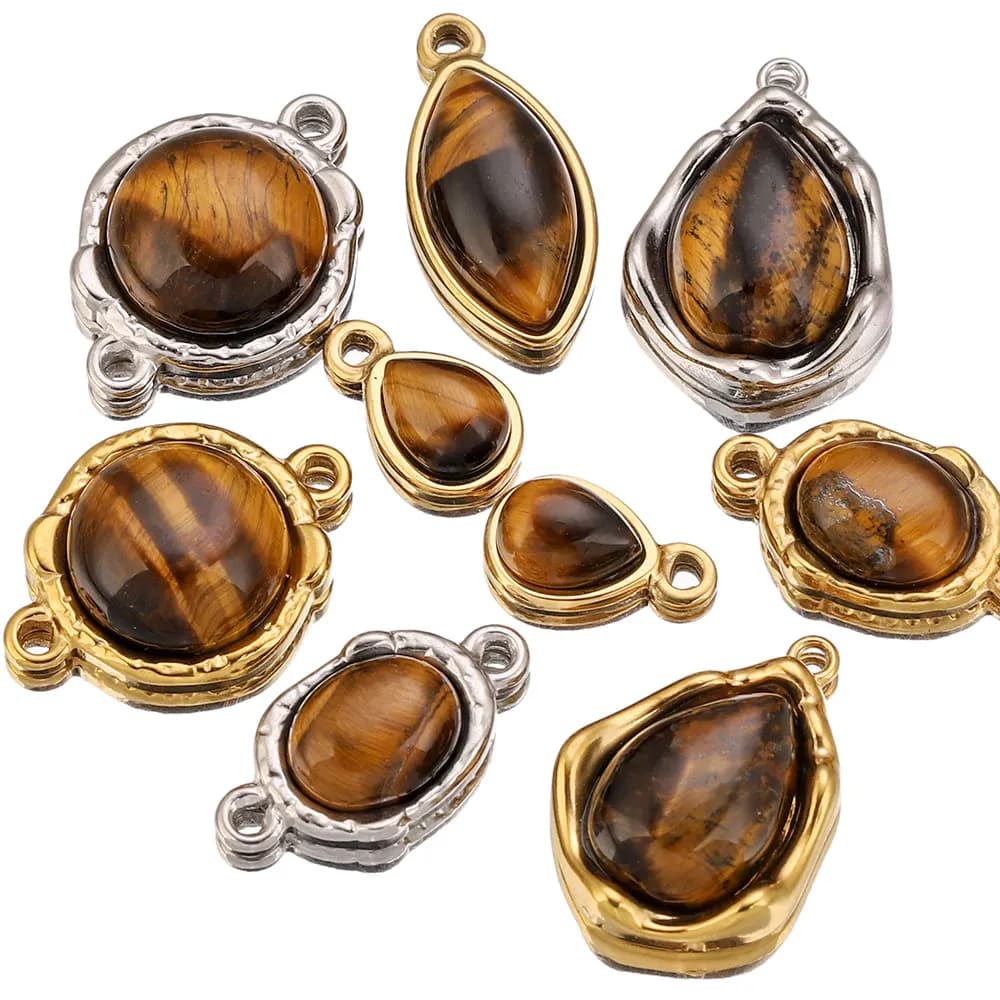 3pcs Stainless Steel charm Boho Natural Tiger Eye Stone Oval Earring Charms Dangles Pendants for DIY costume Jewelry Making