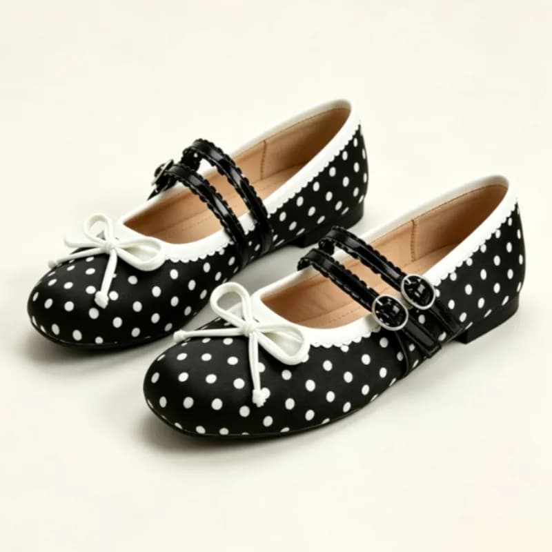 Fashion Polka Dot Bow Detail Mary Janes Women Elegant Square Toe Double Buckle Design Ballet Flats Luxury Designer Lolita Shoes