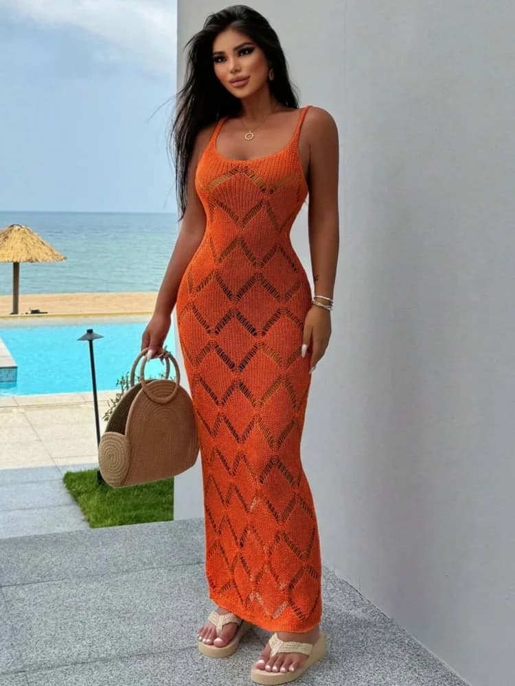 Knitted Hollow-Out Spaghetti Strap Strap Maxi Dress Women's Casual Fashionable Summer Autumn Vacation Tunic Beach Skirt