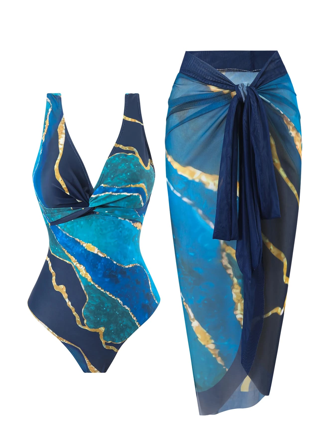 Women's One-Piece Swimsuit Two-Piece Set, Beach Vacation, Hot-Selling Blue Marble Pattern, with Mesh Skirt