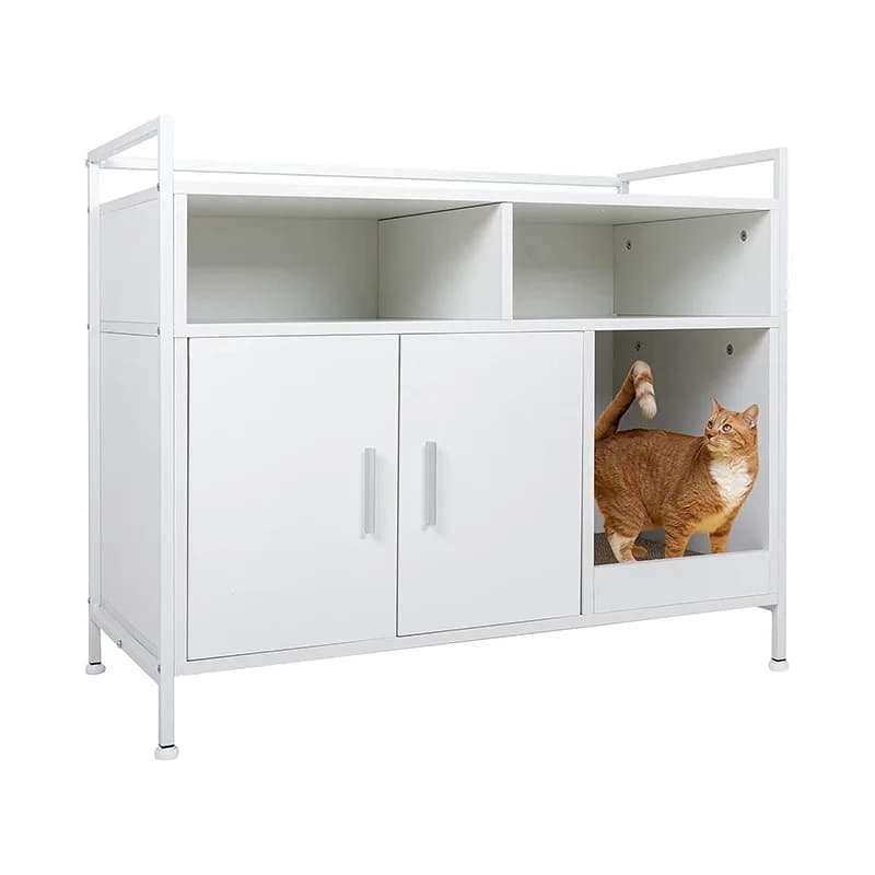 Large Eco-Friendly Modern Minimalist Wood Cat Litter Box Cabinet Double Doors Open Shelves Easy Assembly for Bedroom Living Room