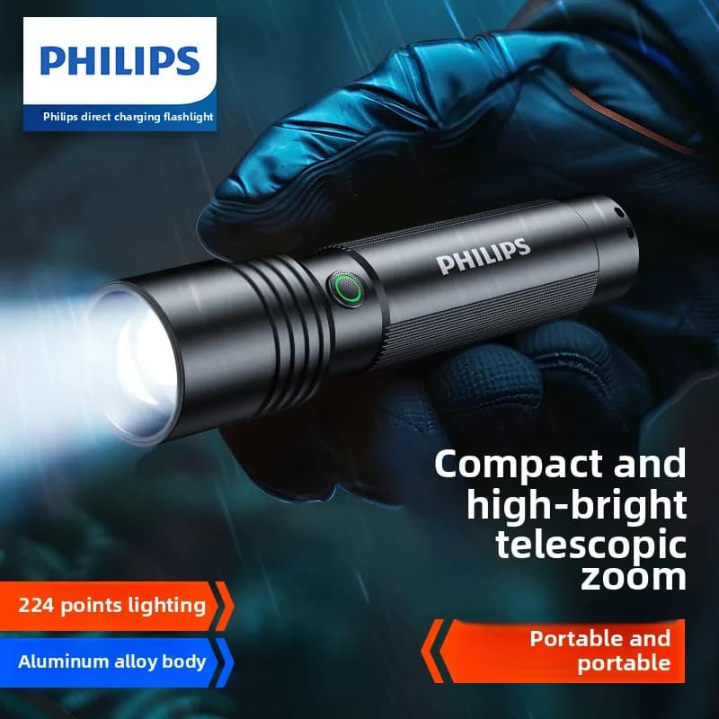 Torcia ricaricabile super luminosa Philips in lega di alluminio - Zoom a lungo raggio, portatile per uso esterno e domestico Defensa Personal