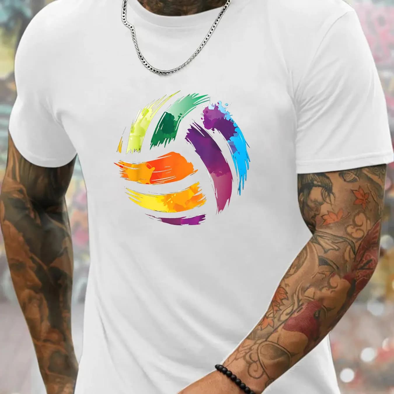 Men's Geometric Volleyball Print Crew Neck T-Shirt Breathable Tee with Colorful Design Regular Fit Casual Short Sleeve Top
