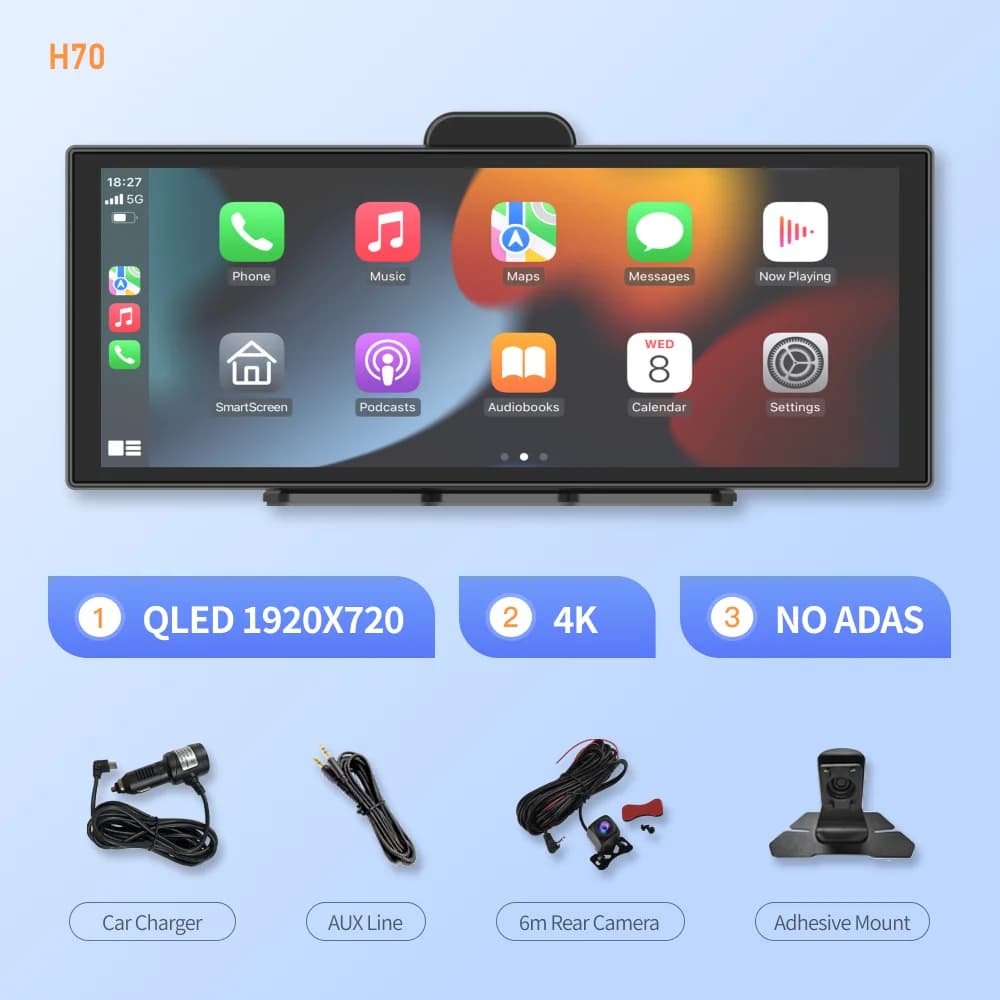 H70Pro 11.4 "Grande Schermo 4KQLED Wireless CarPlay e Android Auto ADAS Dash Cam WiFi Schermo Diviso Navigazione GPS per Auto DVR