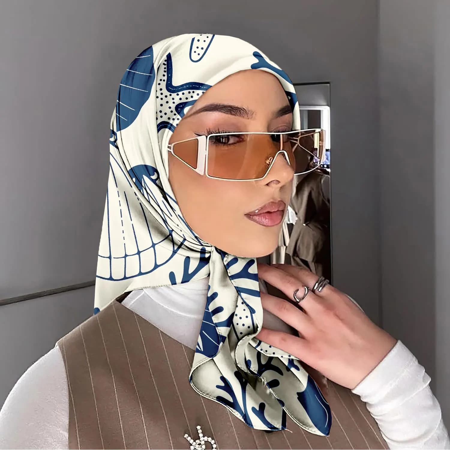 0271 Women's floral satin square scarf, soft silk-like headscarf, multi-purpose scarf to wrap headscarf