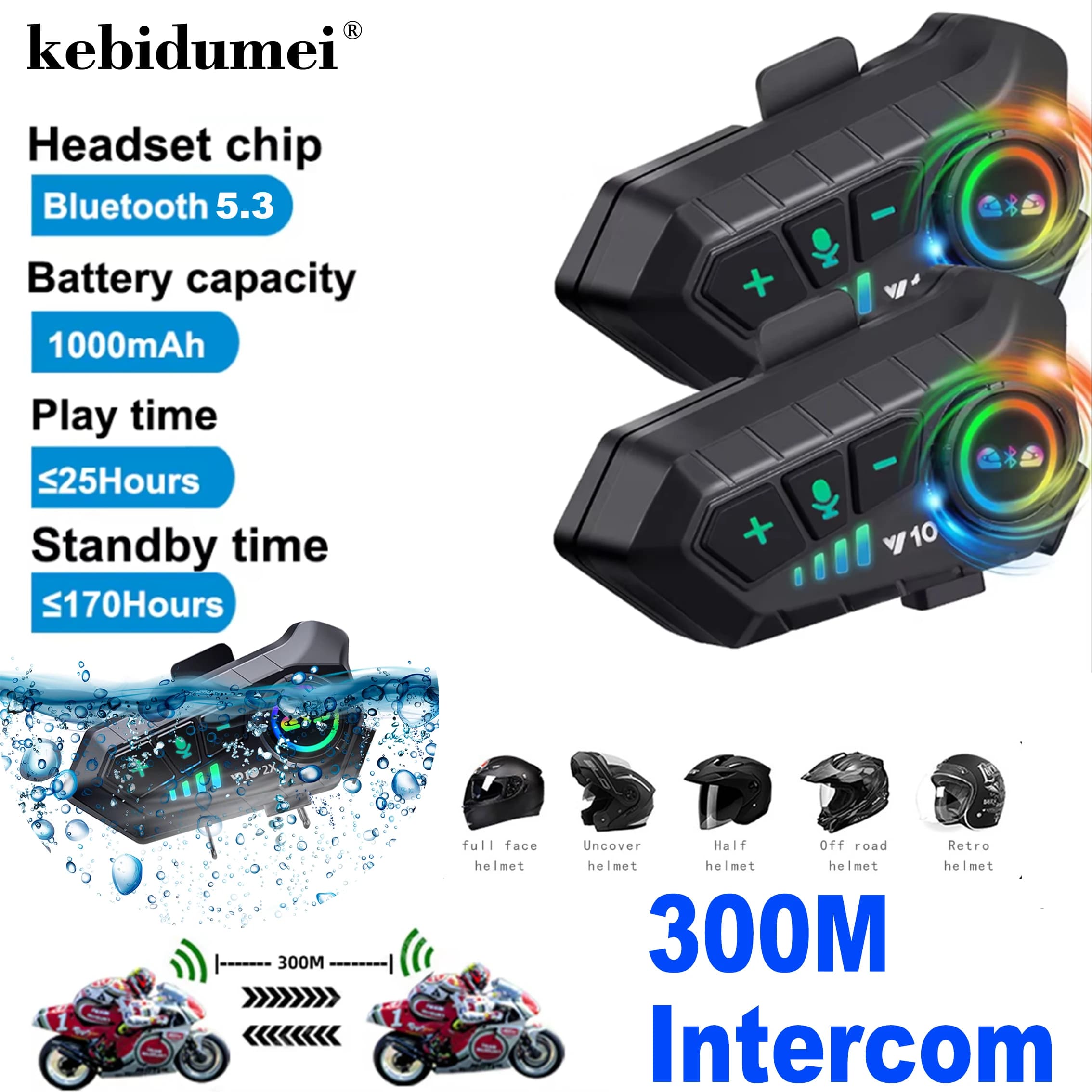 Kebidumei YP10 2X Wireless Bluetooth 5.3 Casco moto Interfono Auricolare Impermeabile 300 m Intercomunicador Altoparlante Auricolare