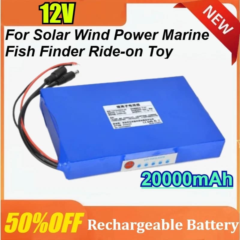 Batteria al Litio Ricaricabile 12V 20Ah per Energia Solare, Eolica, Marina, Ecoscandaglio, Giocattoli Cavalcabili, con Caricatore US 3A