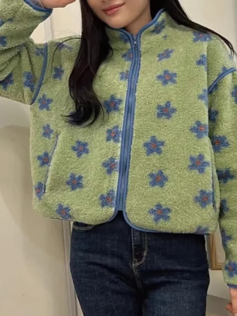 Giacca Invernale Chic in Cotone da Donna con Cerniera, Maniche Lunghe, Collo Alto, Bordo in Pelliccia d'Agnello, Ricamo Floreale, Stile Giovanile