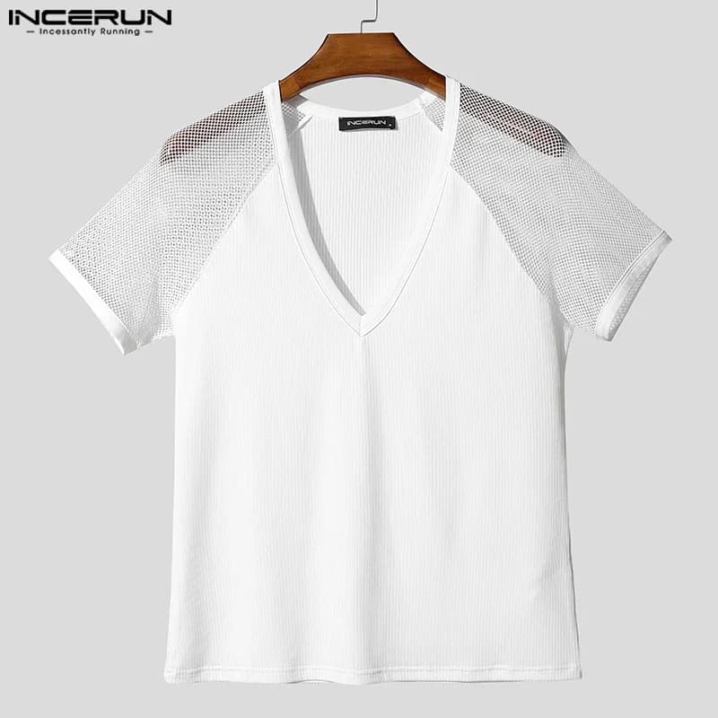 INCERUN T-shirt da uomo Mesh Patchwork Vedere attraverso scollo a V Manica corta T-shirt da uomo Estate Streetwear 2025 Abbigliamento uomo alla moda