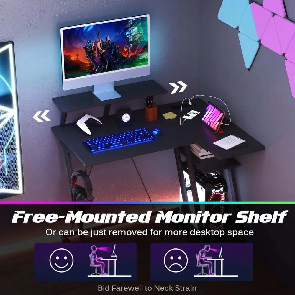 Scrivania da Gaming a L con Prese Elettriche, Porte USB, Ripiano per Monitor e Gancio per Cuffie, Disponibile in Nero, Bianco e Rosa