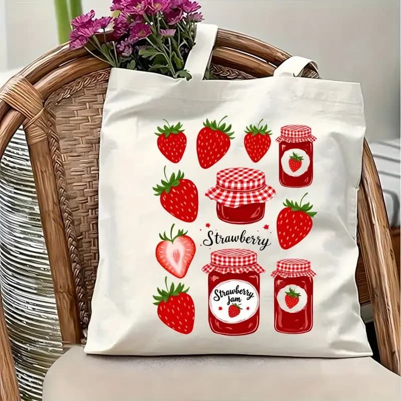 Strawberry Jam Print Canvas Tote Bag Reusable Shopping Bag with Cute Strawberry and Jam Jar Design Shoulder Handbag