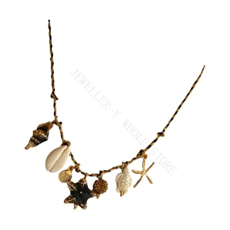 R7UF Resort Wear Necklace Coastal Neckchain With Braided Cord, Ceramic Marine and Ocean Theme Styling for Beach Days
