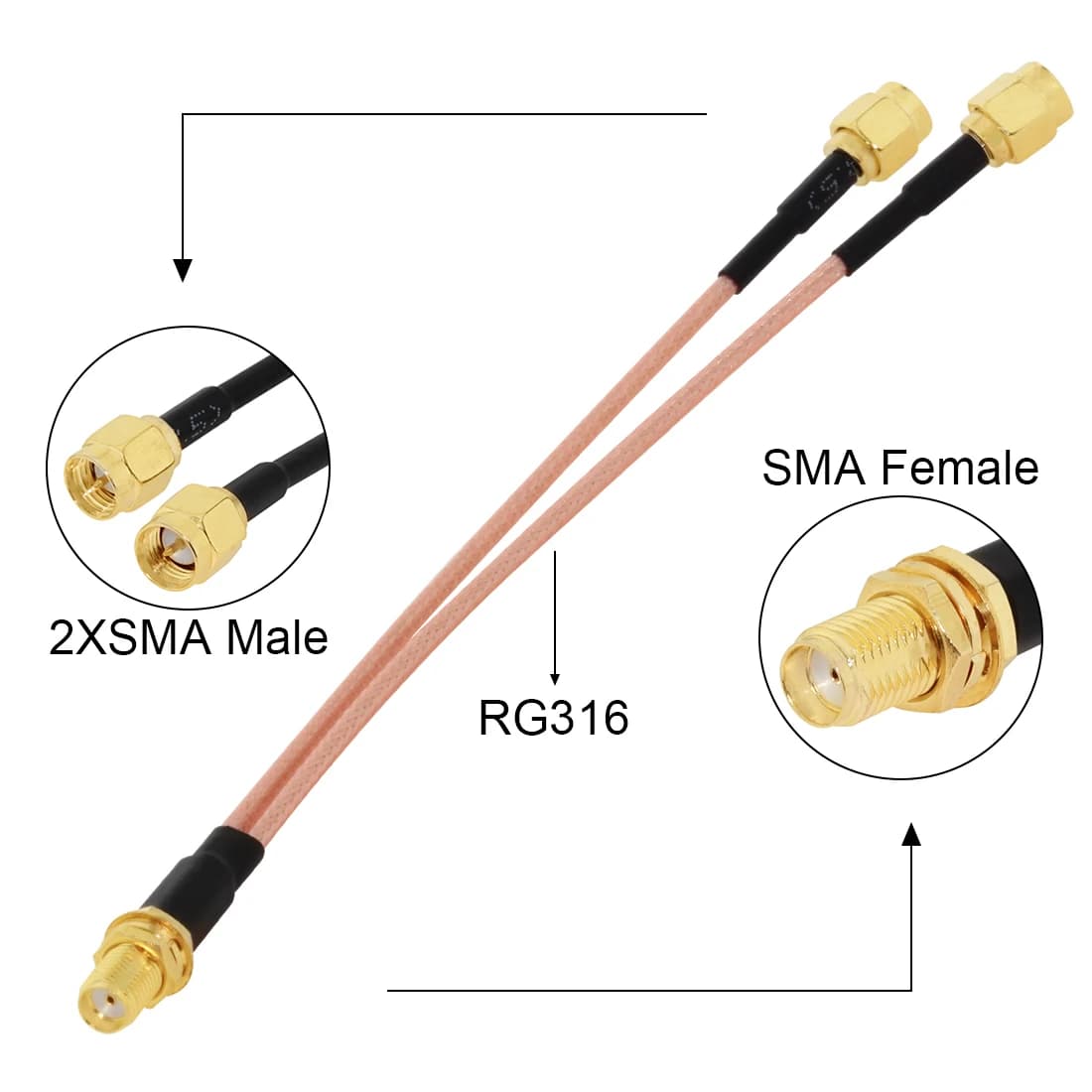 SMA female to 2X SMA male plug type Y Splitter spiral cable combiner RG316 15CM 6"/30CM/50CM for Router Wifi