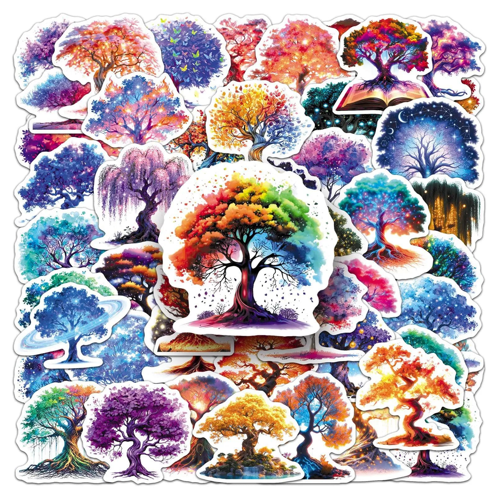 50-Pack Dreamy Glowing Life Tree Stickers for Fridge Water Bottle Helmet Student Stationery Notebook Decor Sticker