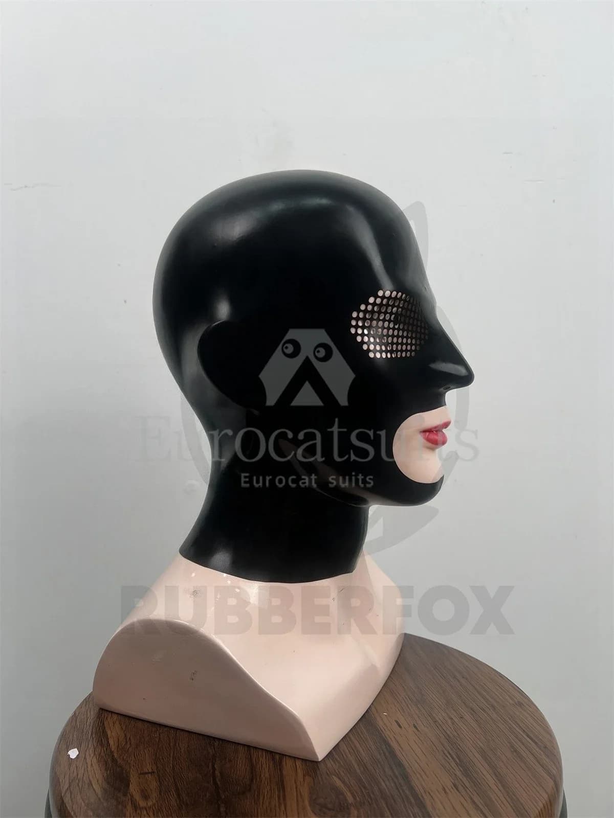 Maschera fetish con cappuccio in lattice di gomma per tuta da gioco con microfori Fetish senza cuciture Bocca aperta Maschera guanti fetish con cappuccio clorinato