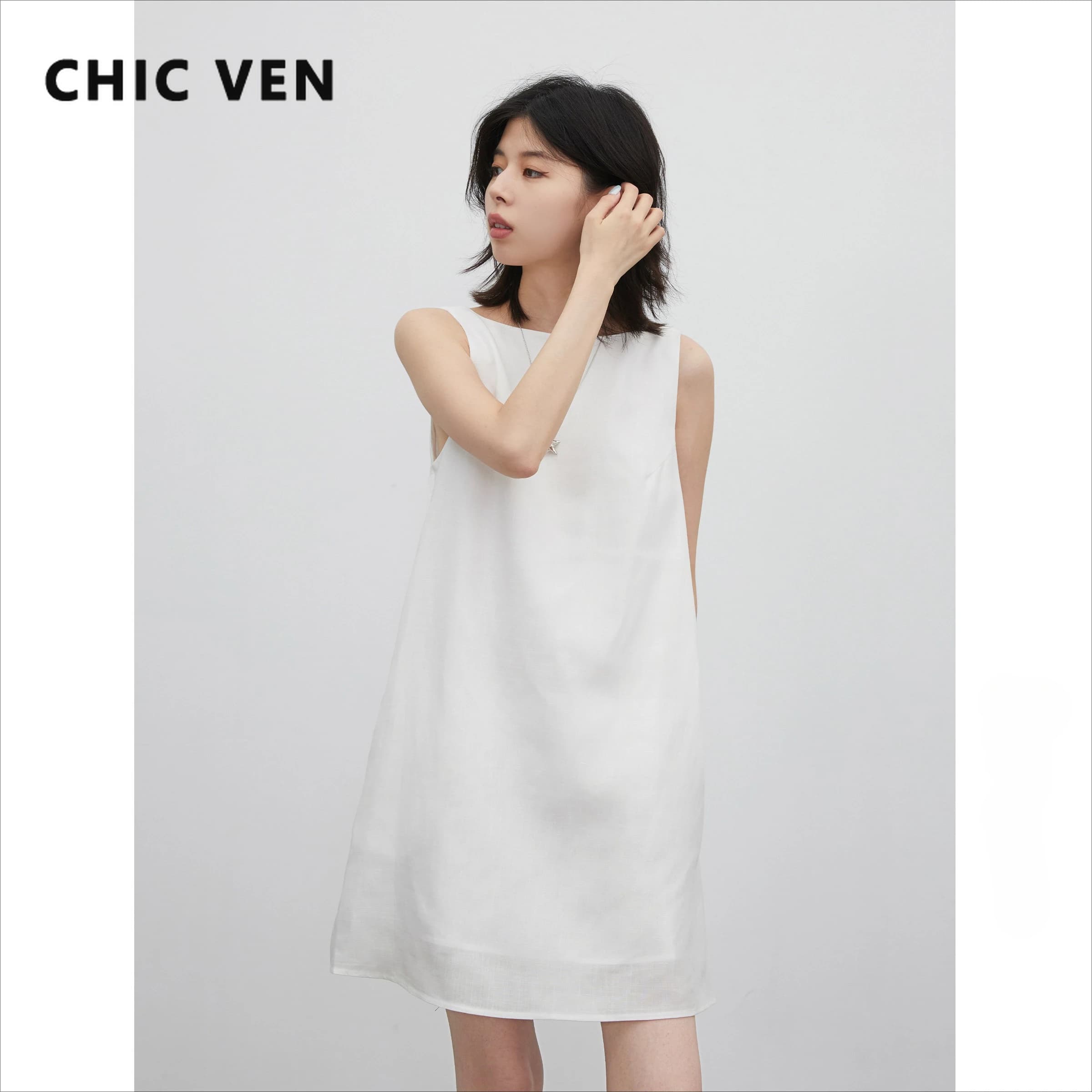 CHIC VEN Women's Dresses Korean Solid U-neck Sleeveless Linen Tank Dress Fashion Straight A-line Female Clothes Summer New 2026