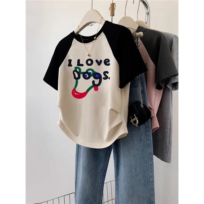 Retro American T-Shirt Women Summer New Dog Print Shoulder Insert Short Sleeve round Neck Splicing Base Shirt Creative Patter...