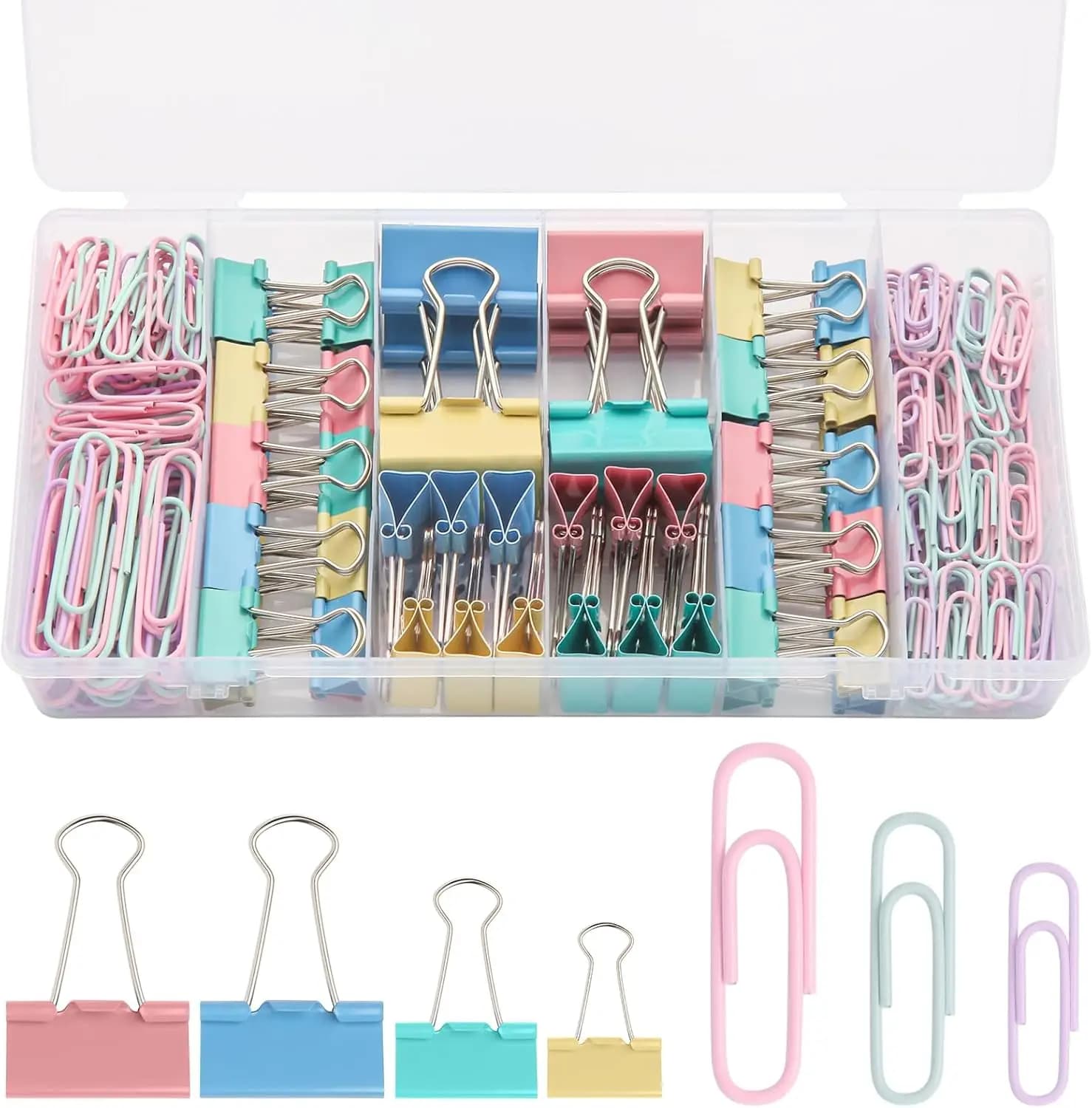 Set di 240 fermagli e clip per documenti colorati assortiti, grandi, medi e piccoli, per ufficio, scuola, casa, in scatola portaoggetti