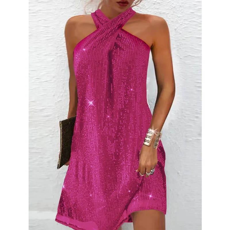 Elegant Shoulder Bared Sequin Dress Women Sexy Party Nightclub Gown round Neck A-Line Short Skirt Style No Sleeve mid Waist