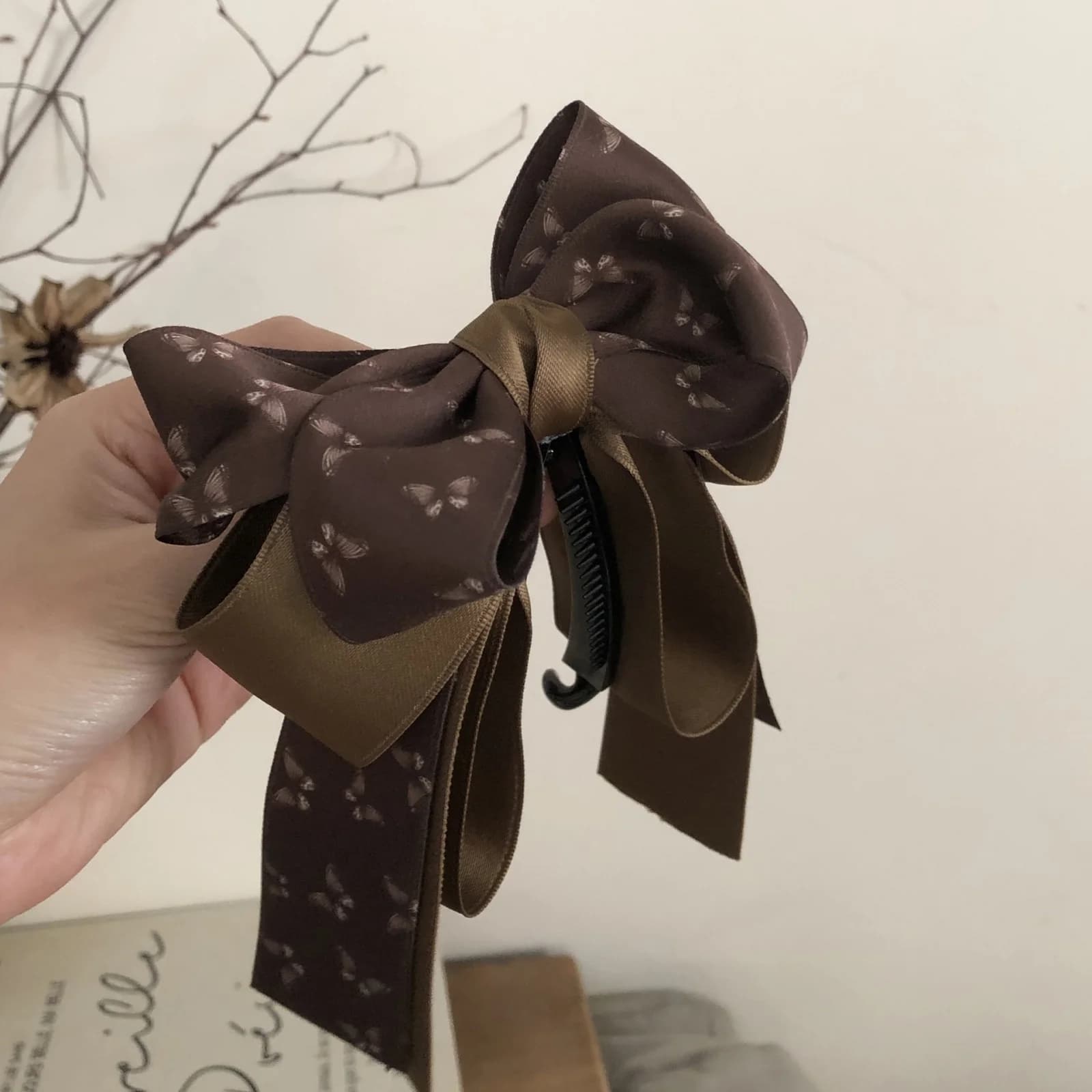 Fermaglio per capelli con fiocco grande in tessuto da 1 pezzo per donna, elegante clip a banana in stile vintage francese per code di cavallo alte, accessorio per capelli alla moda