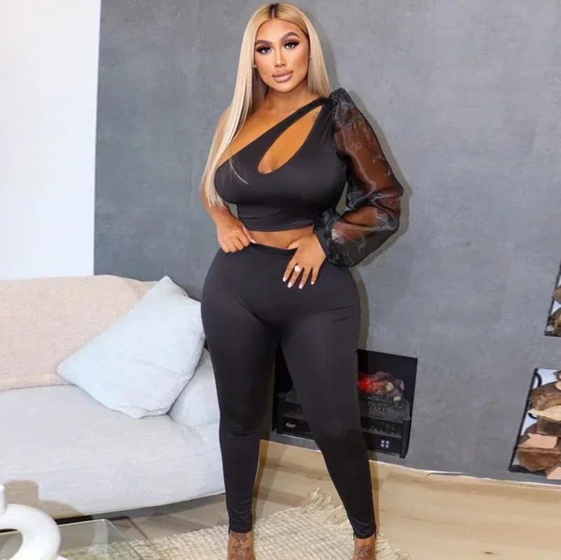 GUWU Tuta da donna in due pezzi con top corto a maniche lunghe in rete sexy GUWU