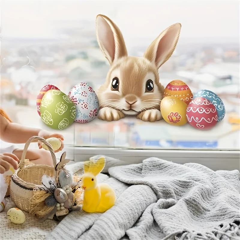 1 sticker for window adorable bunny with colorful Easter eggs - Decalcomania in scratch-resistant vinyl and easy to apply for interior windows