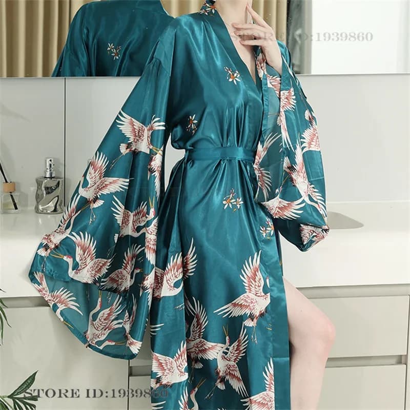 Print Crane Floral Big Sleeve Bathrobe Kimono Gown Elegant Female Long Robe Night Dress Homewear Loose Silk Satin Loungewear