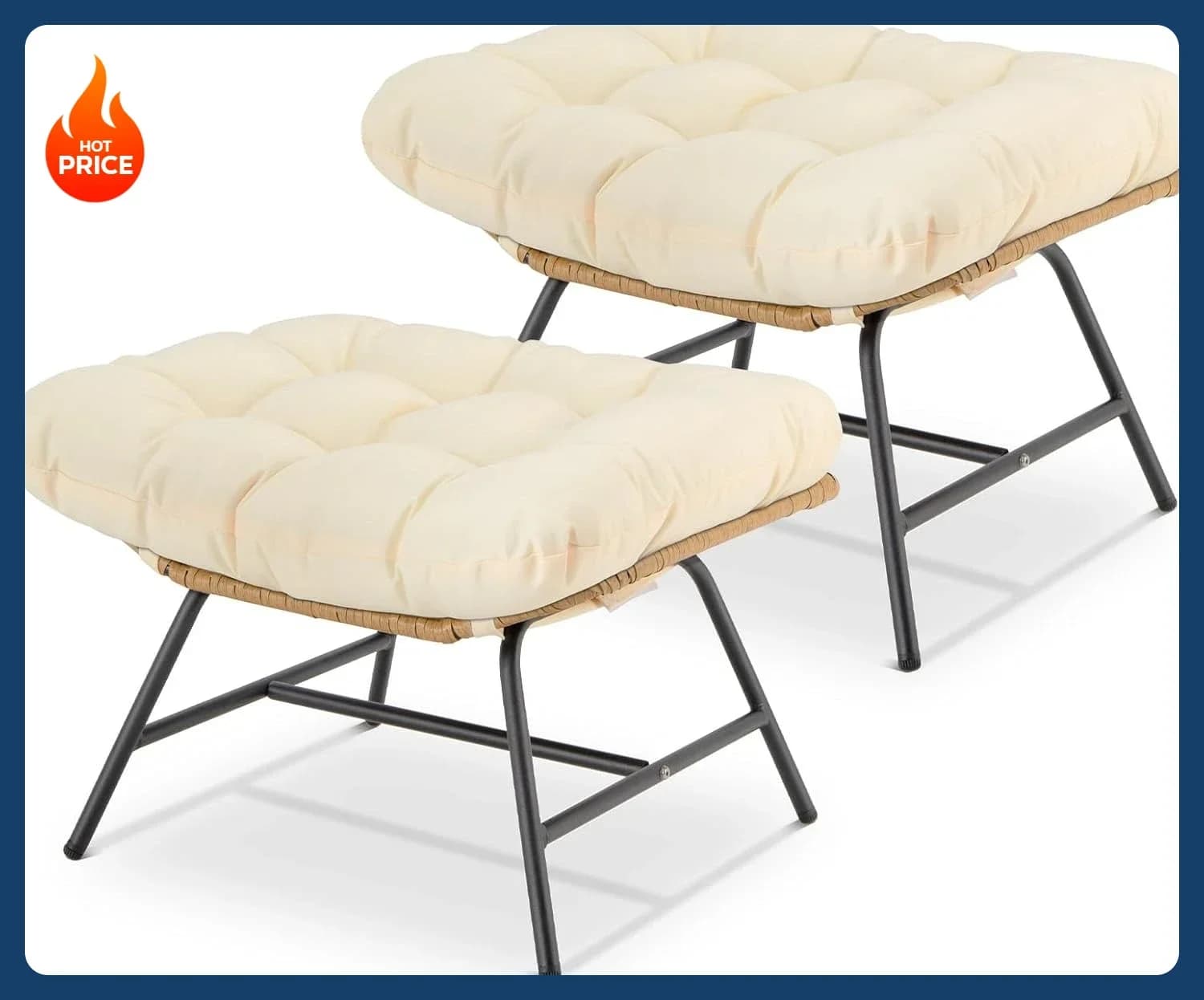 Offerta imperdibile! Set di 2 Pouf da Interno/Esterno, Ampio Poggiapiedi Doppio per Patio, Poggiapiedi Imbottito in Rattan PE, Resistente alle Intemperie