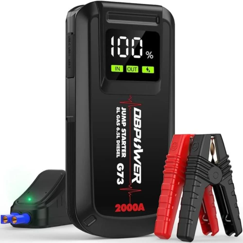 Avviatore portatile DBPOWER 2000A Peak per motori a gas da 8,0 litri/6,5 litri, batteria al litio 12 V, LCD da 2,5', cavi intelligenti, luce a LED