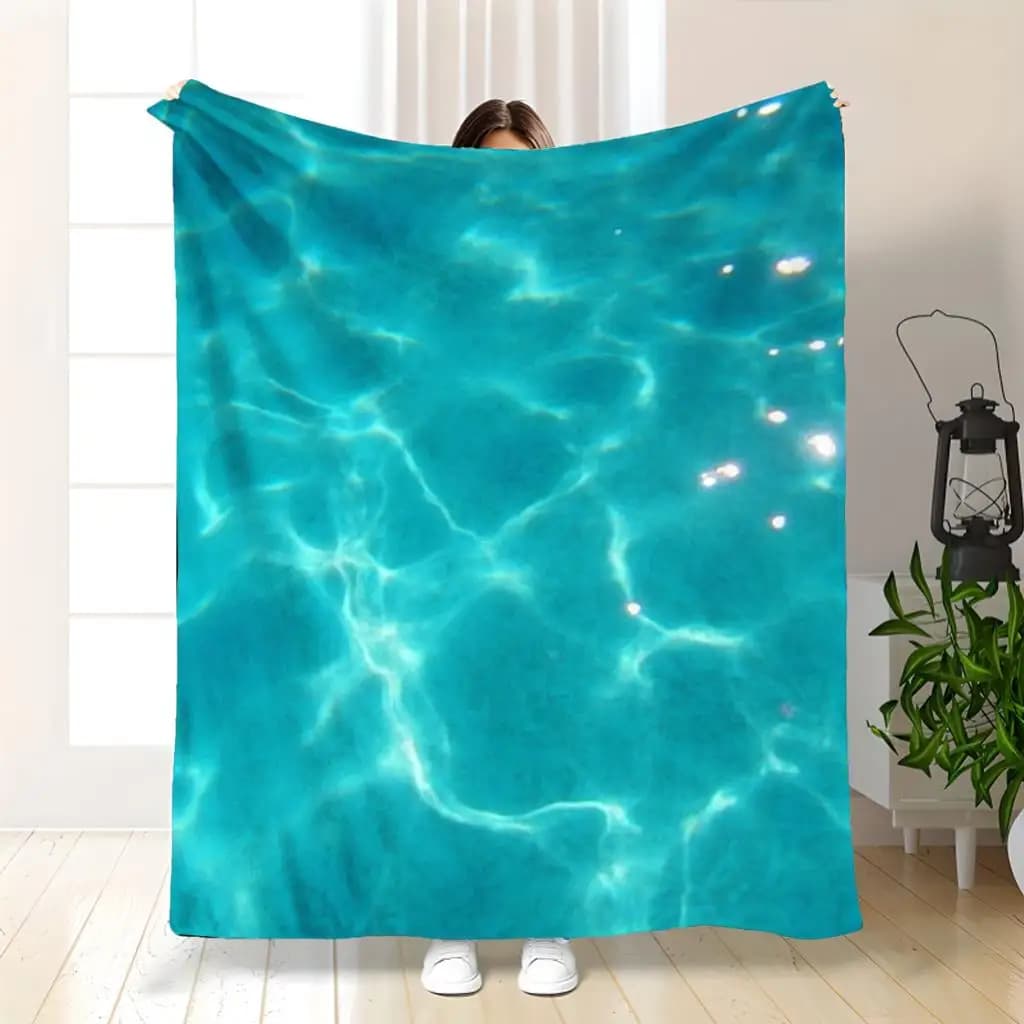 1pc Turquoise Blue Oceanic Throw Blanket - Soft Flannel Luxury Bedspread with Water Ripple Pattern, Plush Bed Covering for Couch