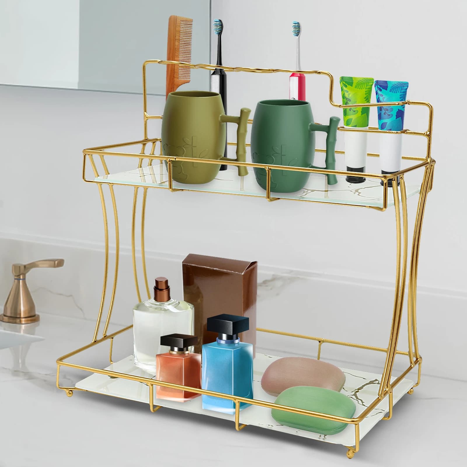 Bymaocar Scaffale dorato per la cura della pelle del bagno, vassoio portaoggetti staccabile a 2 strati con portaspazzolino, decorazione per bancone da cucina in ferro