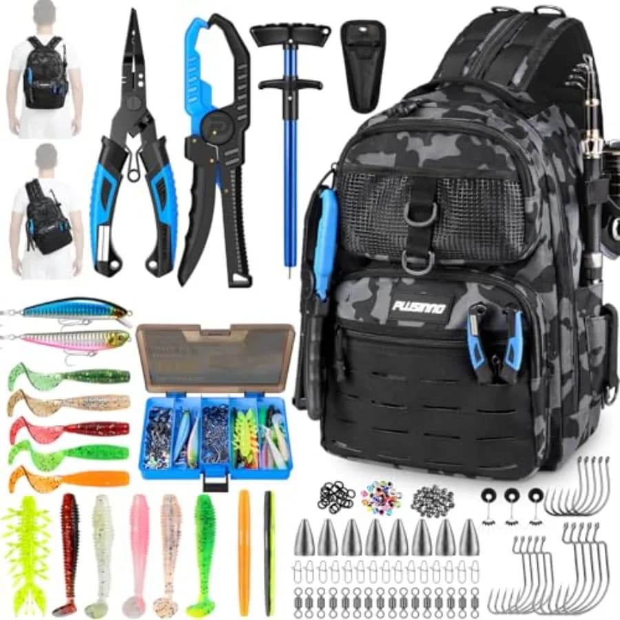 Zaino da pesca impermeabile con porta canne, scatola porta attrezzi, esche, pinze e accessori