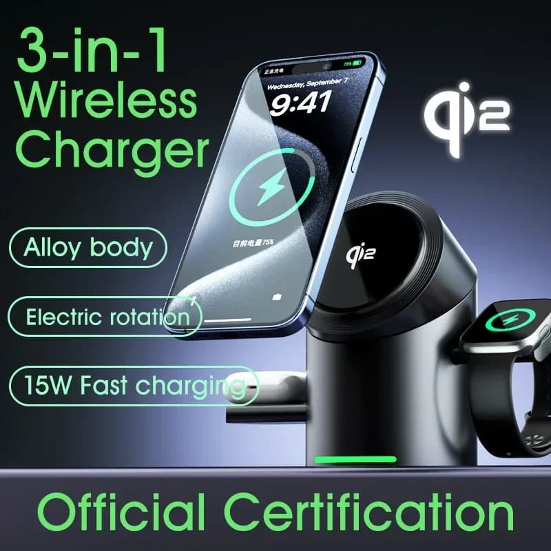 Nuovo caricabatterie wireless con pulsante a sfioramento magnetico 3 in 1 Truly Qi2 per Android iPhone iWatch Airpods Magsafe Dock Station di ricarica rapida