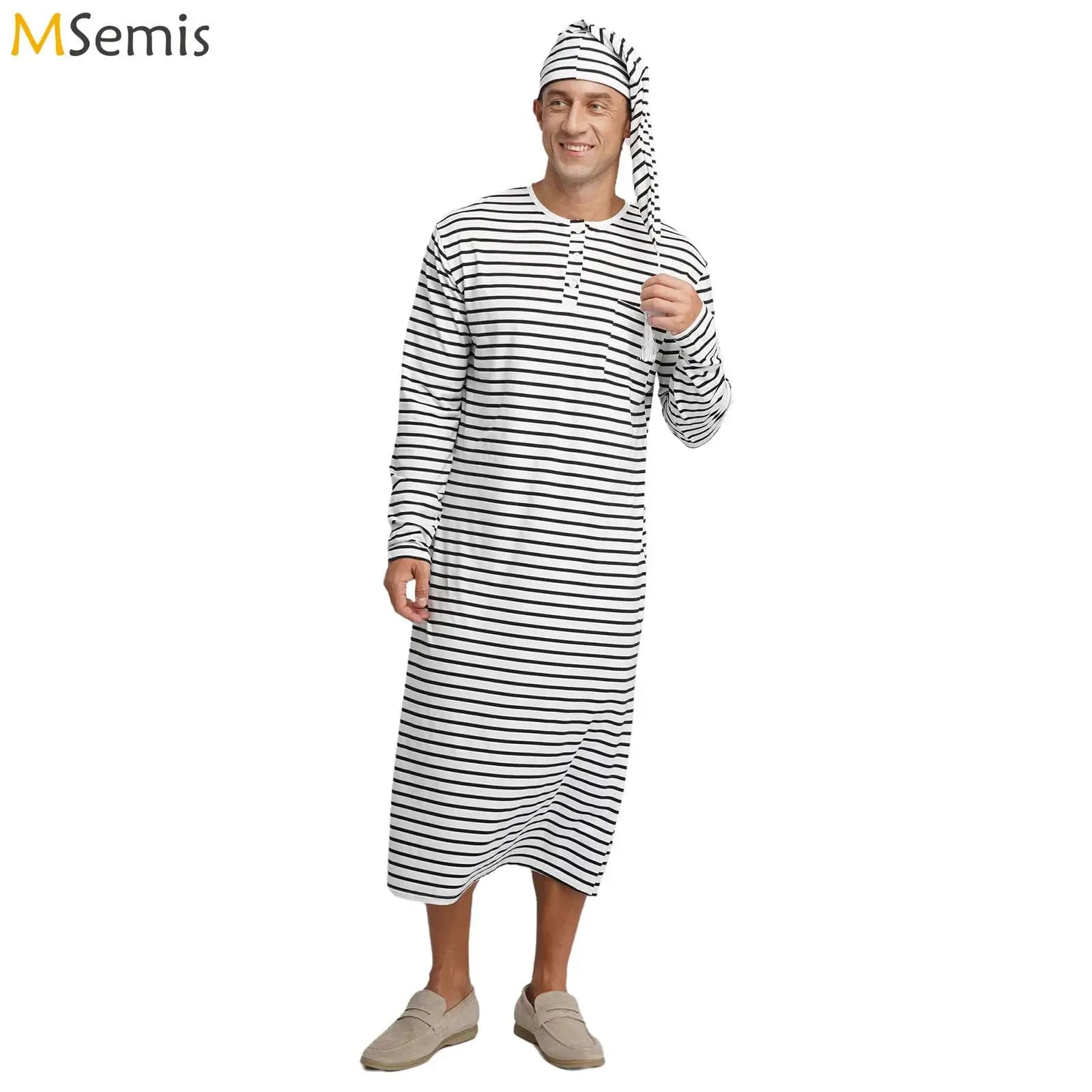Accappatoio e cappello da notte a righe da uomo Accappatoio Pigiama ampio a maniche lunghe girocollo Camicie lunghe con cappuccio Abbigliamento per la casa