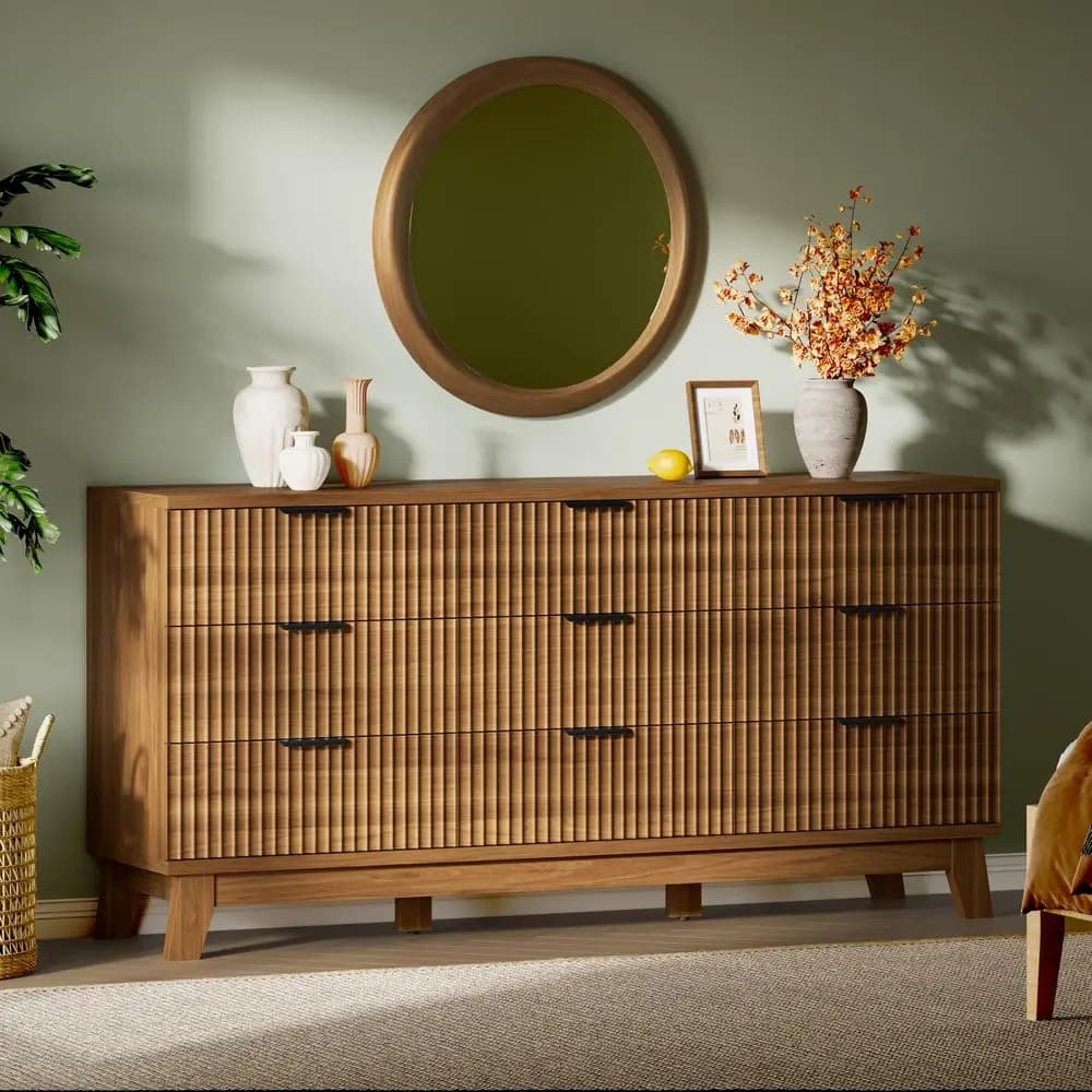 Cassettiera scanalata con 9 cassetti, cassettiera in legno larga 63 cm con maniglie in metallo, mobile TV moderno, armadio in legno per vestiti