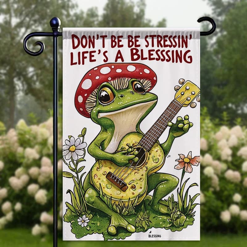 Bandiera da giardino 2D piatta a forma di rana con ukulele, 12x18 pollici, decorazione da esterno bifacciale per cassetta postale, senza asta.