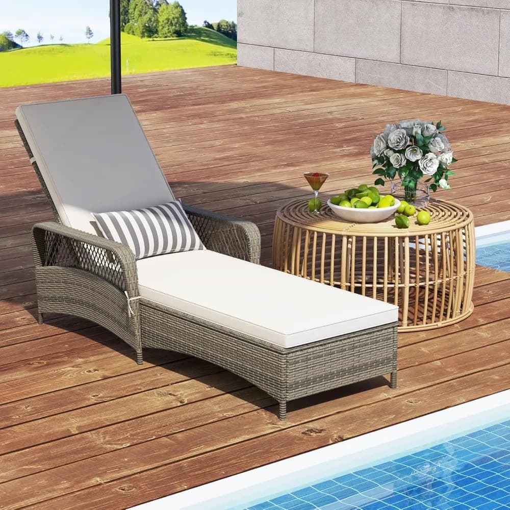 Chaise longue outdoor wicker, patio rattan reclining armchair with adjustable backrest 6 positions, soft cushions, removable timber P