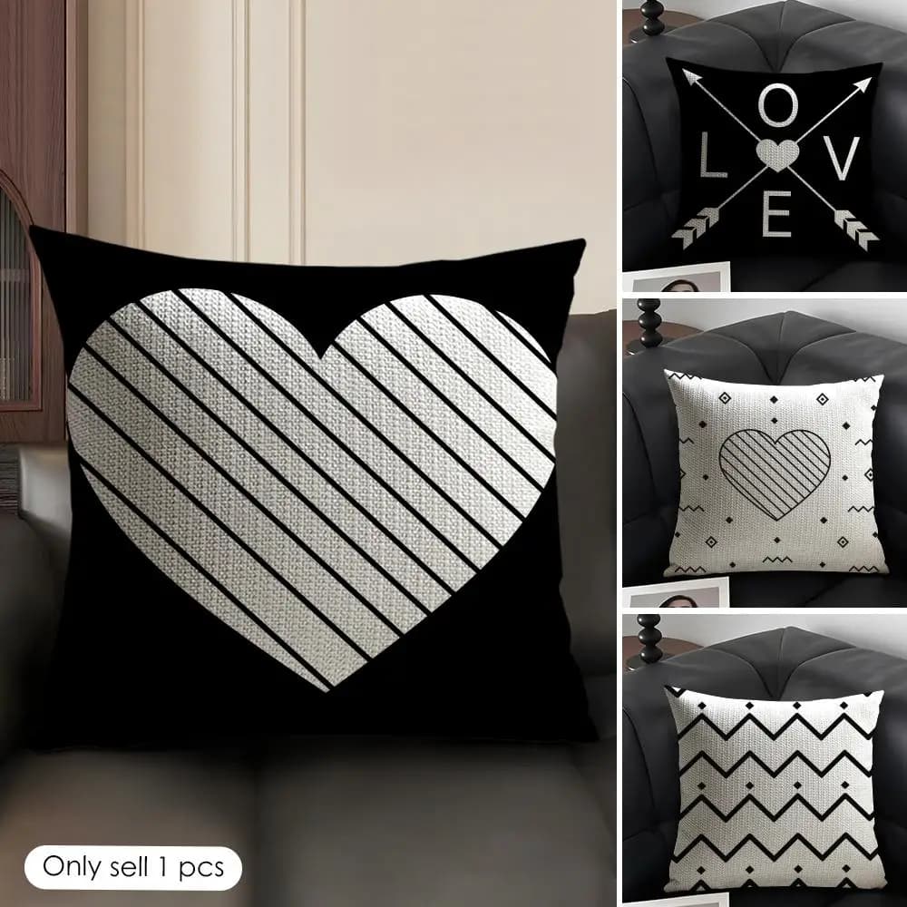 Black White Geometric Heart LOVE Cushion Cover Natural Linen Organic Fabric Double Sided Print Sofa Pillow Case Home Decor Gift