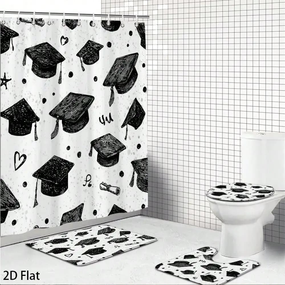 4pcs Shower Curtain Sets with Shower Curtain, Non-Slip Rugs, Toilet Lid Cover and Bath Mat, 4pcs Graduation Cap Printed Shower Curtain with Toilet U Shape Cover, Toilet Lid, and Bathroom Decor, Fun Black and White Design for Celebration