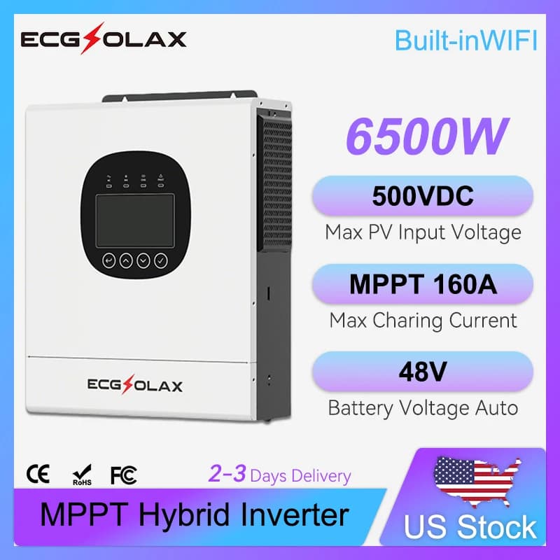 Inverter Solare Ibrido ECGSOLAX 6.5KW Onda Pura 48V, Inverter Off-Grid 160A con Regolatore Solare MPPT 220V-240V