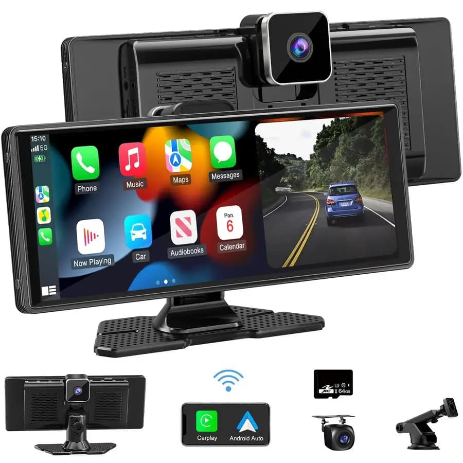 IPS 10.26 HD portable car stereo for Apple CarplayampAndroid Auto, car audio receivers with Dash Cam 4K 1