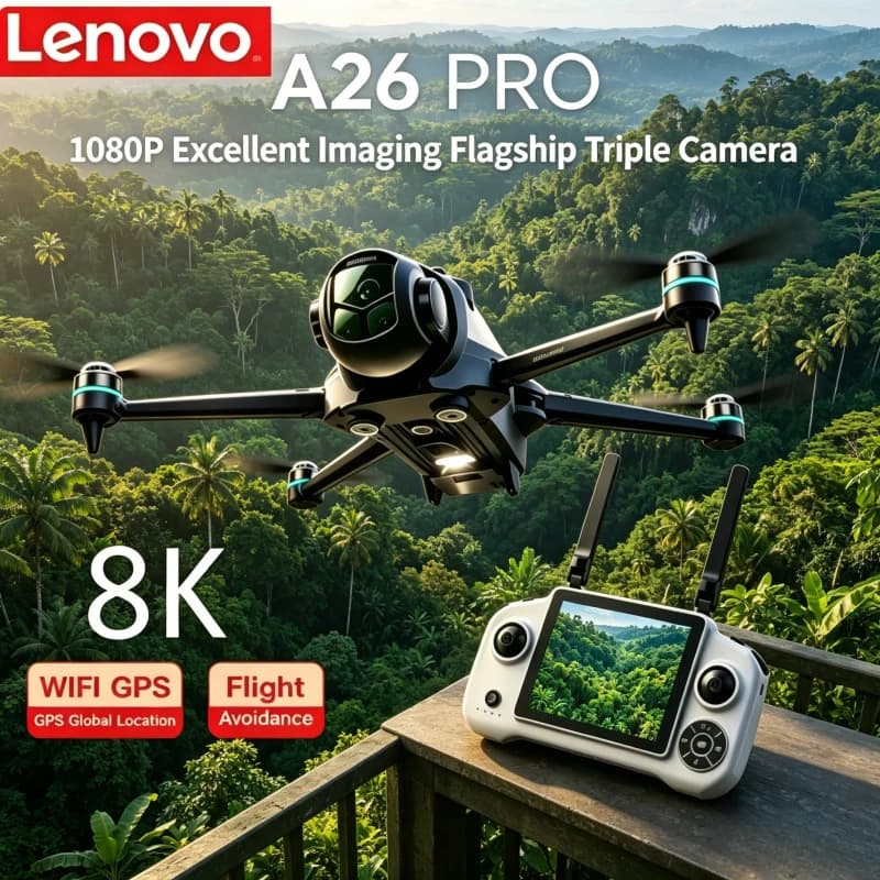 Drone Quadricottero RC Pieghevole Lenovo A26 Pro con Motore Brushless, Tripla Fotocamera 4K HD e Sistema di Evitamento Ostacoli FPV